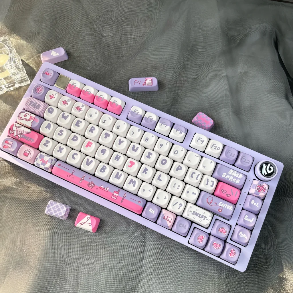 Adorable Rabbit Nurse PBT Keycap Set displayed in a whimsical main image, featuring soft pastel colors and playful character designs.