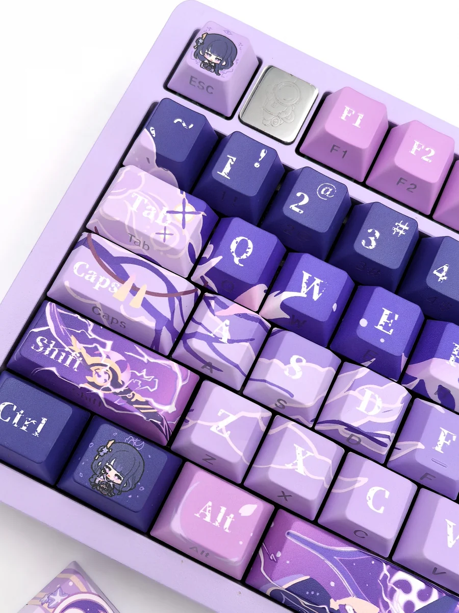 A collection of exclusive Raiden Shogun Electro Archon side print keycaps set from multiple artistic angles, highlighting the clean, mystical Genshin Impact.