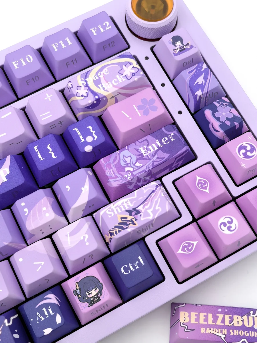 Exclusive Raiden Shogun Electro Archon side-print keycaps set from multiple angles, showcasing mystical Genshin Impact character art and clean legends.