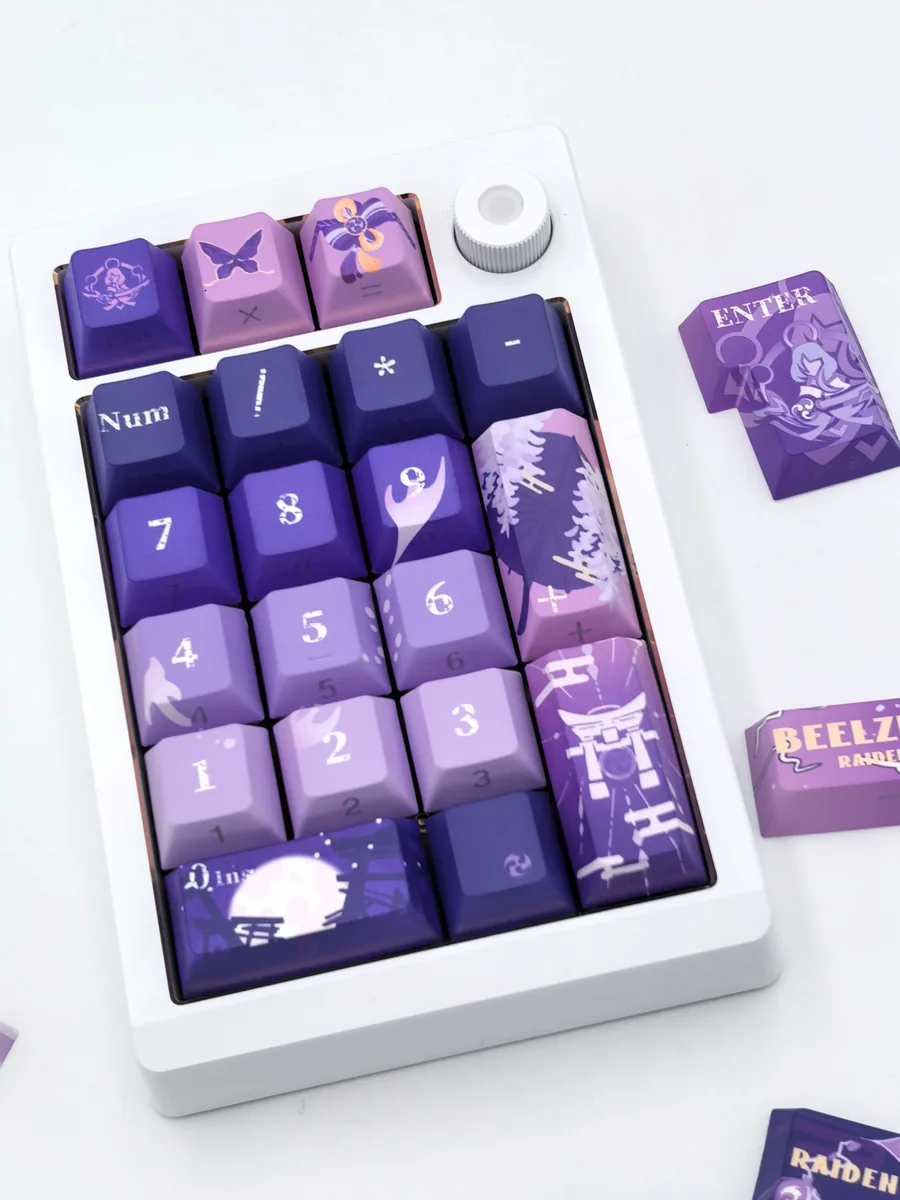 A gallery view of the exclusive Raiden Shogun Electro Archon side print keycaps set, showcasing the mystical Genshin Impact character legends from various angles.