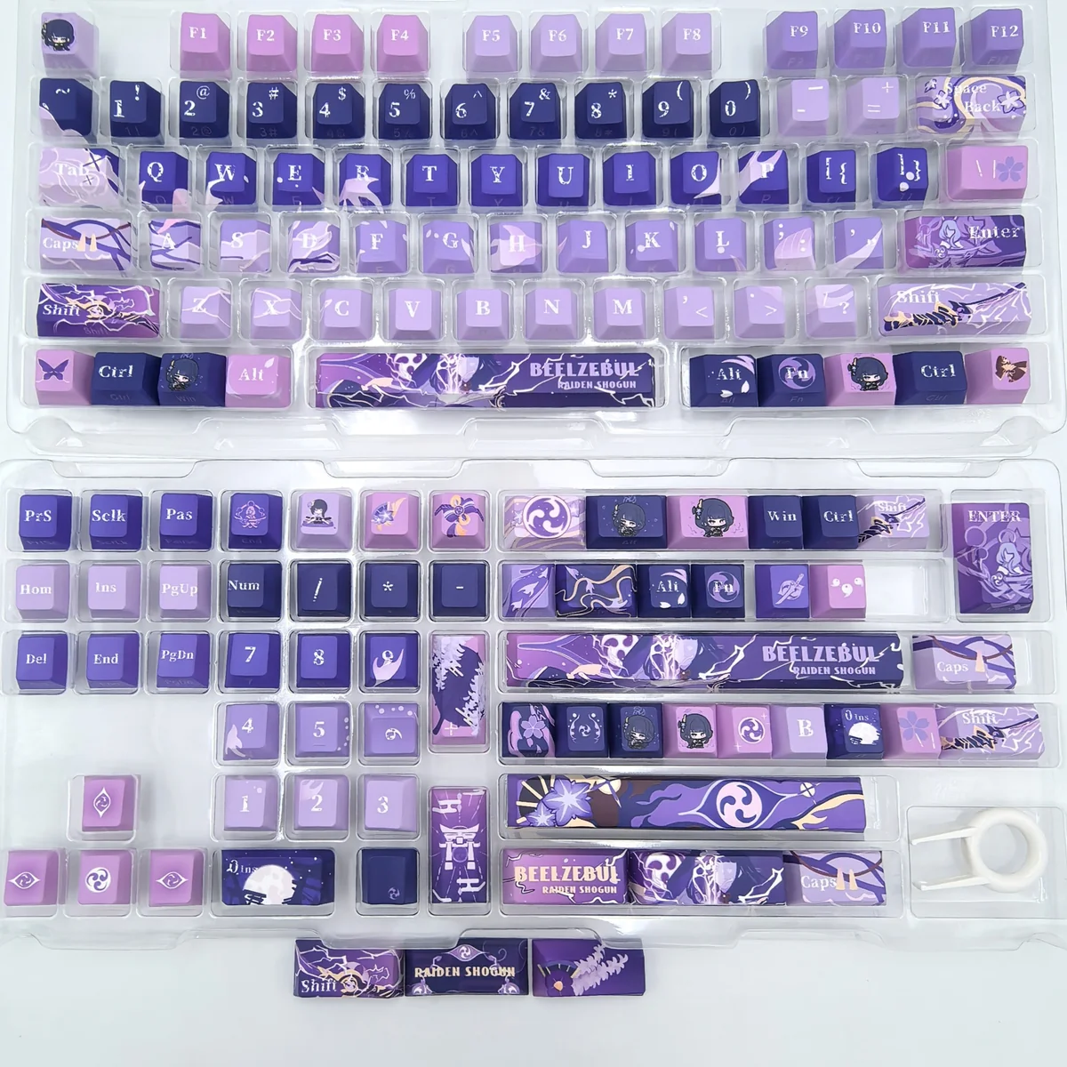 Exclusive Raiden Shogun Electro Archon side print keycaps set shown from multiple angles. Displays the mystical Genshin Impact character art and clean legend.