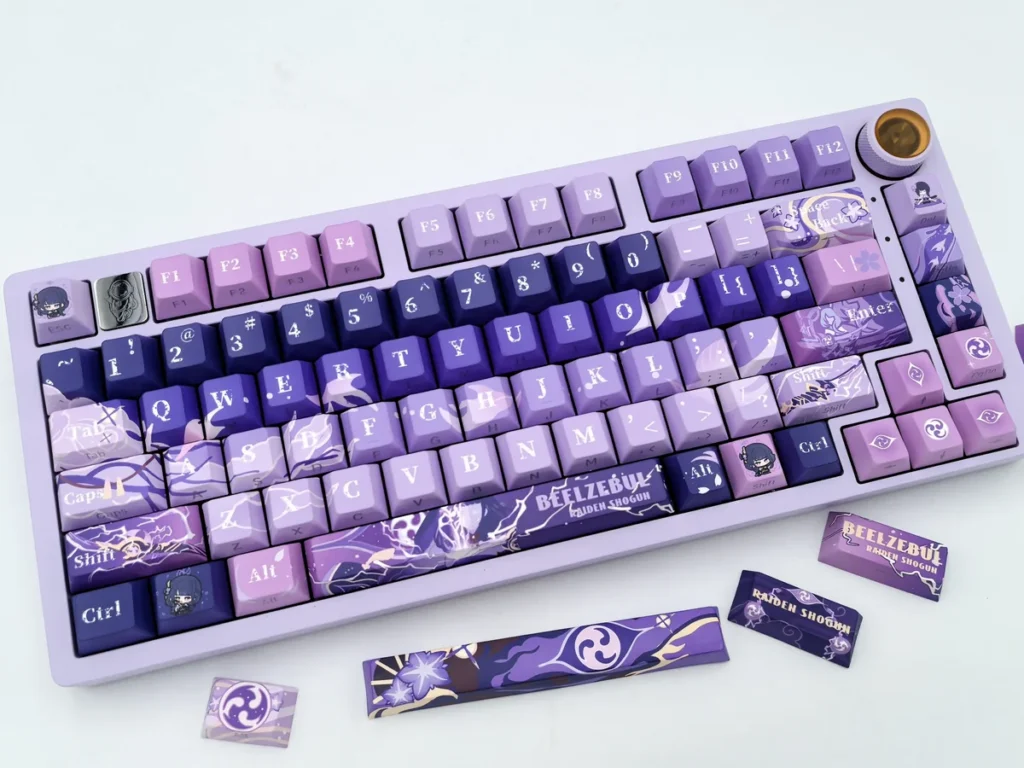 Close-up of exclusive Raiden Shogun side-printed keycaps set featuring a mystical Electro Archon Genshin Impact aesthetic. These artistic keycaps design.