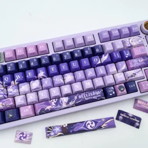 Close-up of exclusive Raiden Shogun side-printed keycaps set featuring a mystical Electro Archon Genshin Impact aesthetic. These artistic keycaps design.
