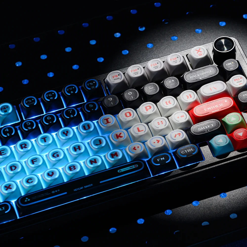 Artistic view of Red Vortex PBT keycaps, showcasing the energetic red and black cosmic storm design for custom keyboards.