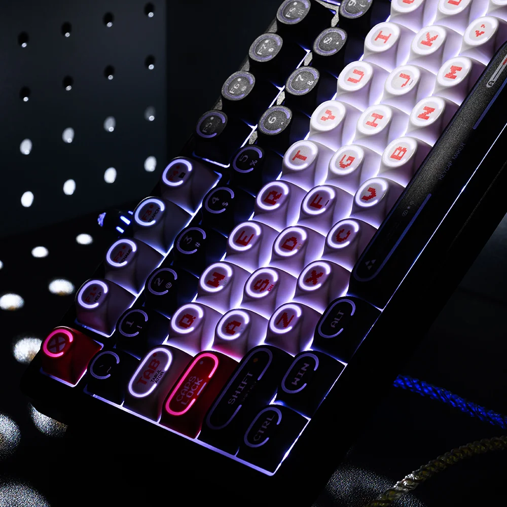 Gallery view of Red Vortex mechanical keyboard keycaps, highlighting the intense red and black swirling aesthetic.