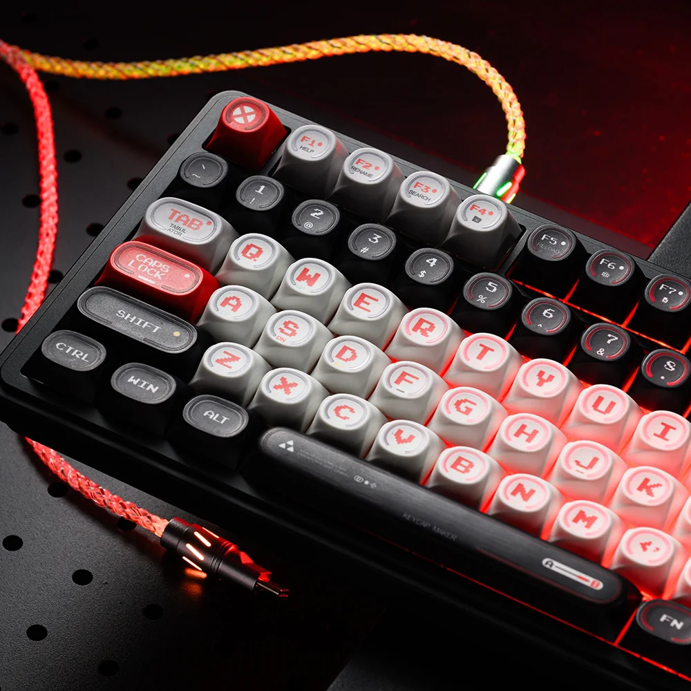 Detailed multi-angle view of Red Vortex durable PBT keycaps, featuring a dynamic red and black pattern for custom builds.