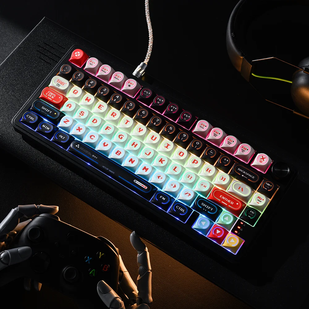 Close-up gallery of Red Vortex keyboard caps, showing the vibrant red and black cosmic design.