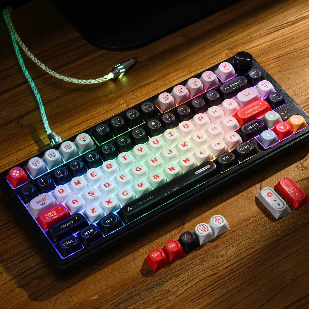 Macro shot of Red Vortex custom keycaps, emphasizing the high-quality dye-sub PBT and futuristic red and black design.
