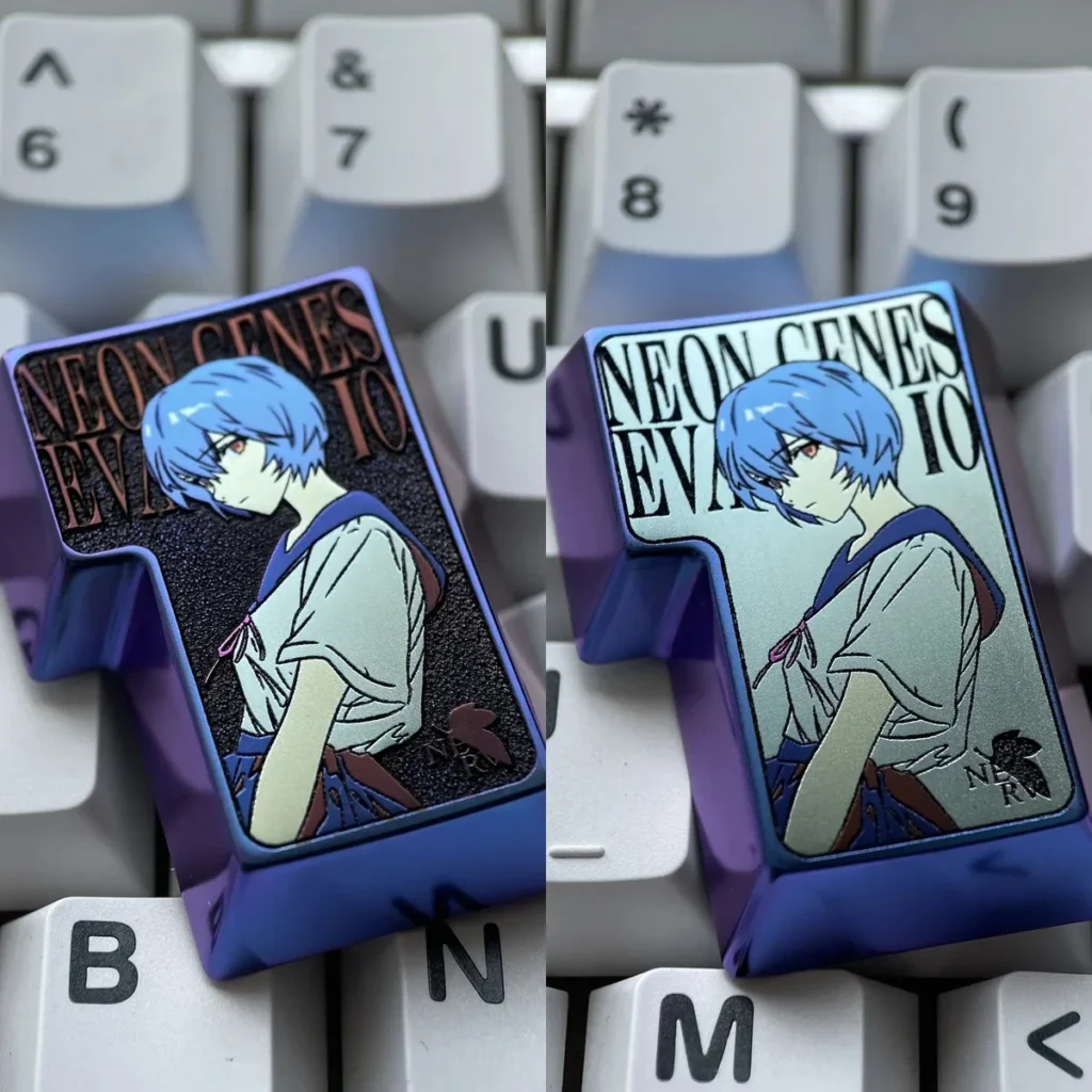 Custom Rei Ayanami keyboard cap, showcasing the detailed 3D design for Evangelion fans.