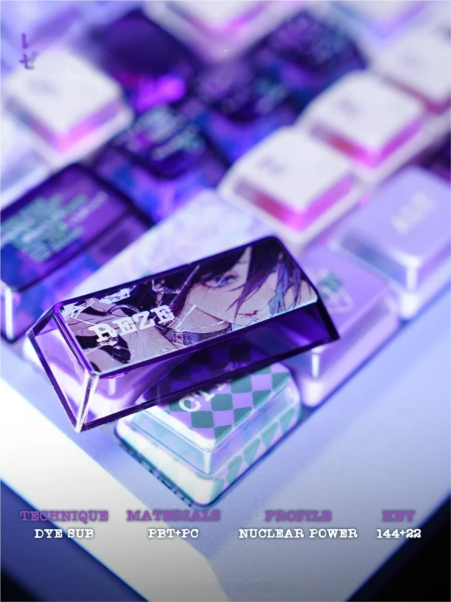 Premium metal Reze Keycaps set gallery: dynamic anime art, metallic industrial design, and RGB-ready translucent glow from multiple angles.