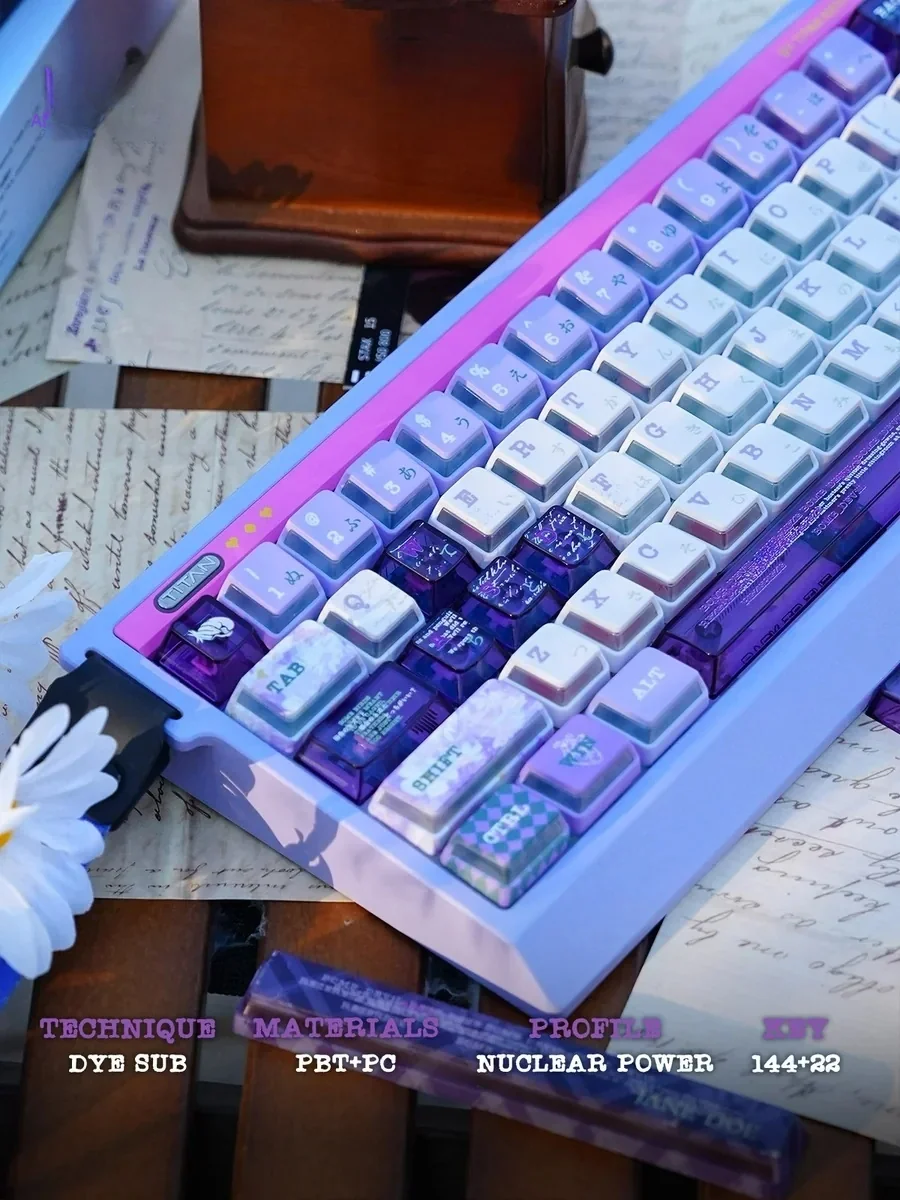 Explosive Reze premium metal keycaps set, shown from multiple angles, highlighting the dynamic anime character art and translucent RGB glow.