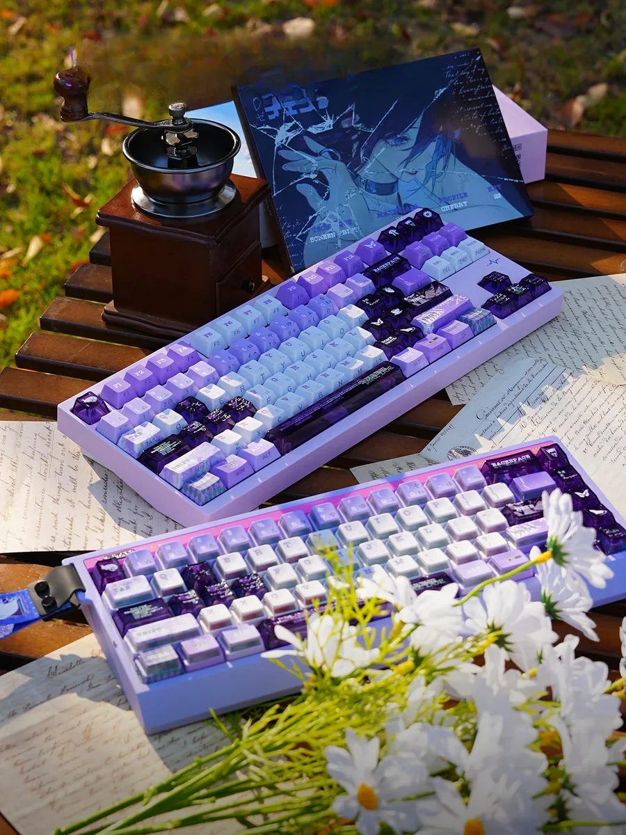 Gallery view of Reze premium metallic coating keycaps set, revealing explosive anime character art, metallic industrial accents, and translucent RGB readiness.