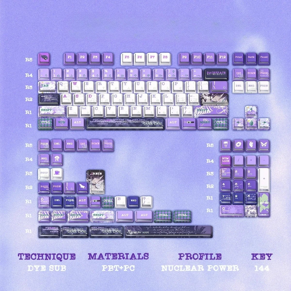 Explosive Reze keycap set crafted from premium metal, featuring a vibrant nuclear power design ready for RGB illumination, a full 144-key collection.