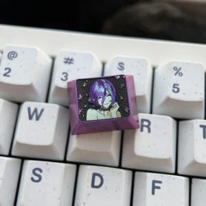 Premium handcrafted Reze titanium artisan keycap, showcasing dynamic Chainsaw Man character design and sleek finish from various perspectives.