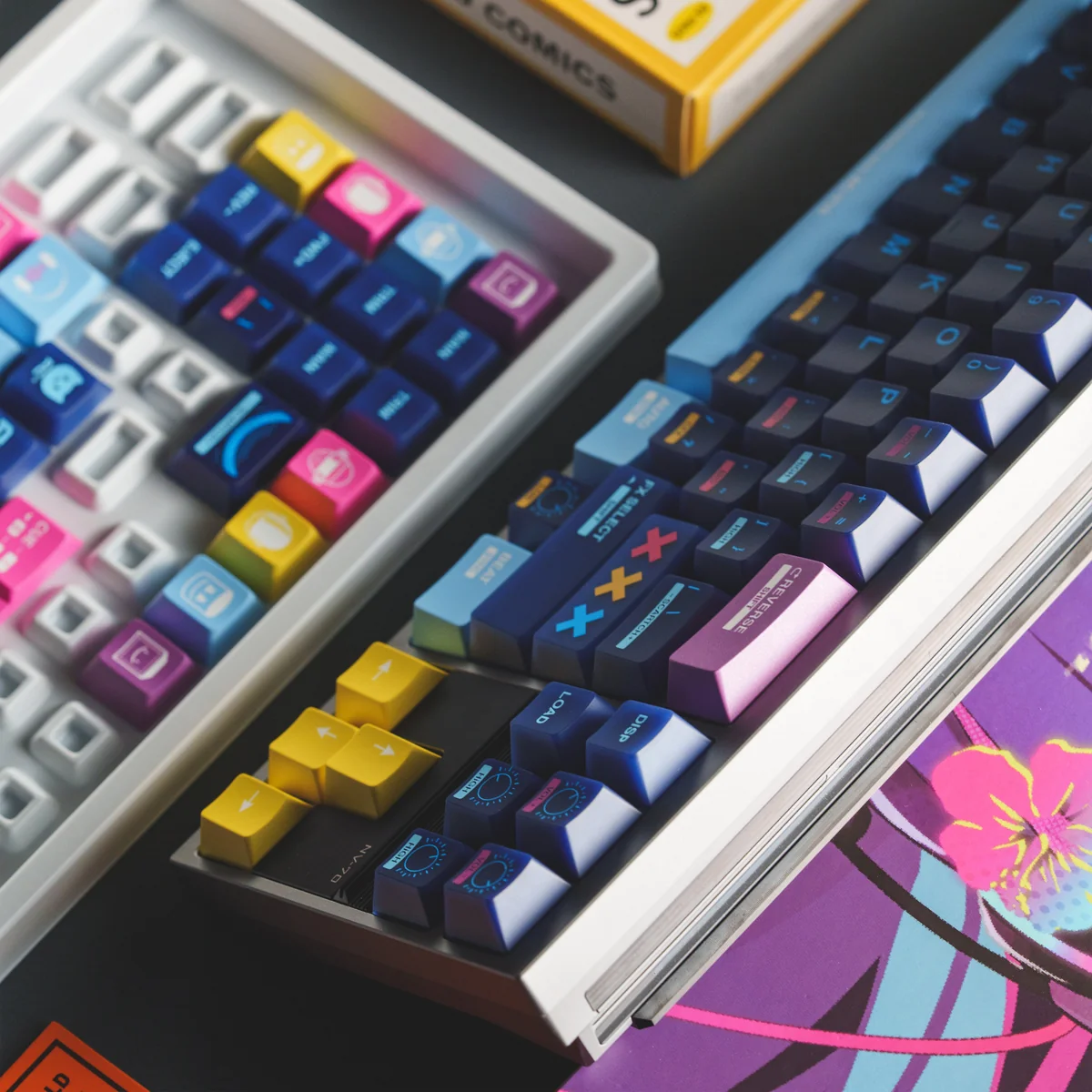 Artistic view of the Rhythm Holic keycap set, revealing its ethereal dual-layer texture and vibrant energetic accents.