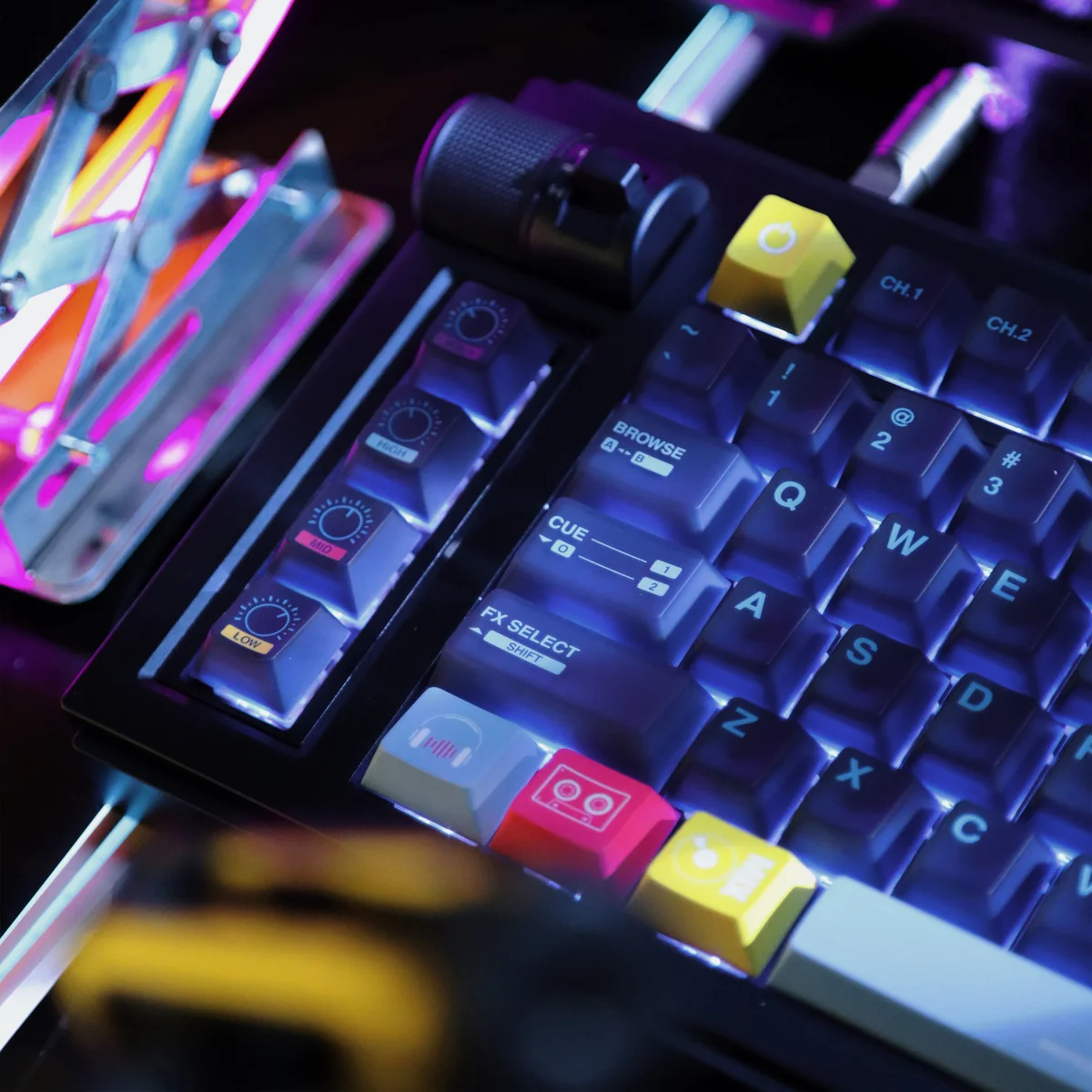 A Rhythm Holic keycap set, highlighting its ethereal dual-layer design and vibrant energetic accents from multiple artistic angles.