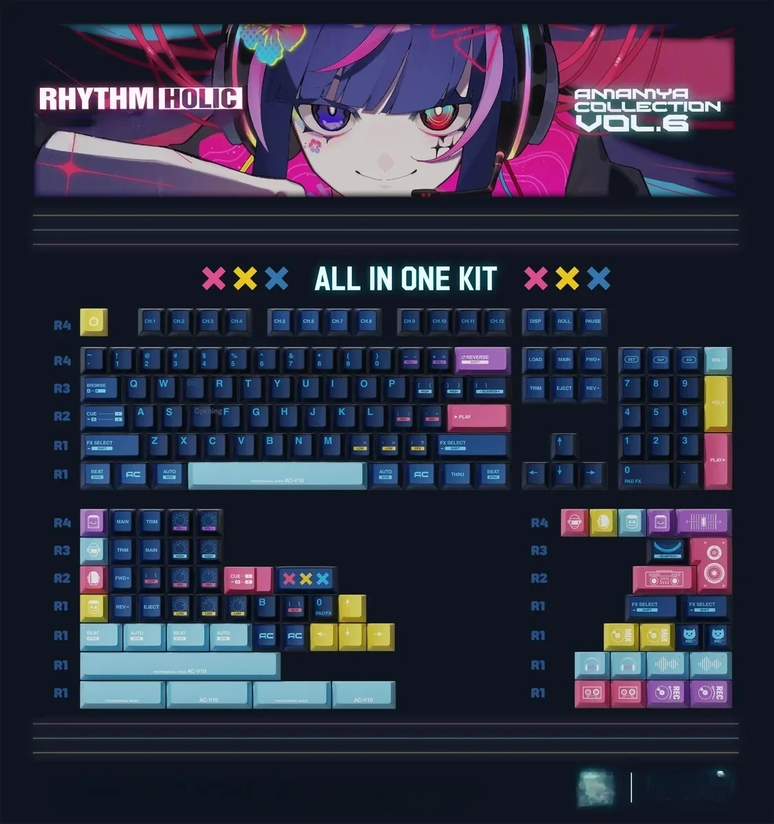 Rhythm Holic keycap set, showcasing its unique frosted texture, dual-layer design, and vibrant ethereal accents.