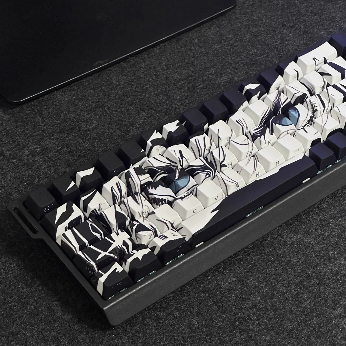 Artistic Ripped Manga Side-Lit PBT keycaps set in a gallery view, highlighting vibrant anime characters and unique side-engraved RGB illumination.