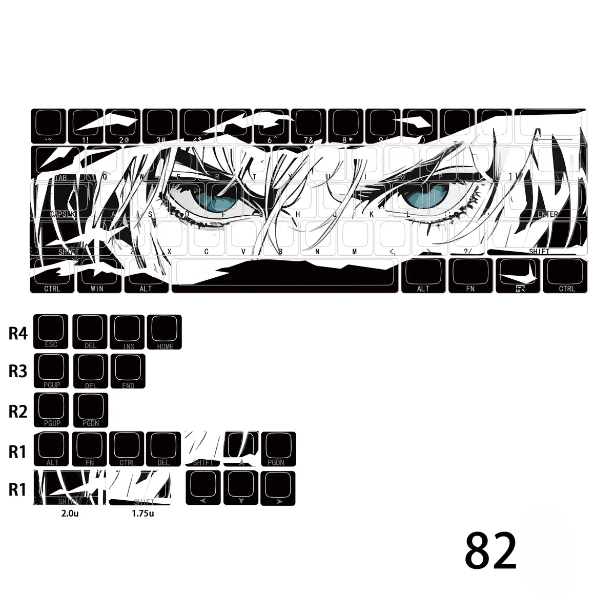 Artistic Ripped Manga PBT keycaps set with vibrant anime designs, featuring unique side-lit engraving for 60/65/67/68 keyboards.