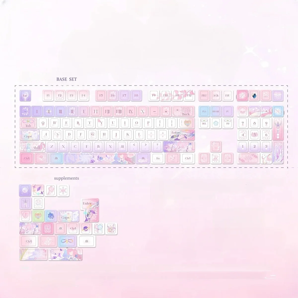 Aesthetic PBT keycap set for mechanical keyboards, Honkai Star Rail Ripples of Reverie theme with serene water and calligraphic legends.