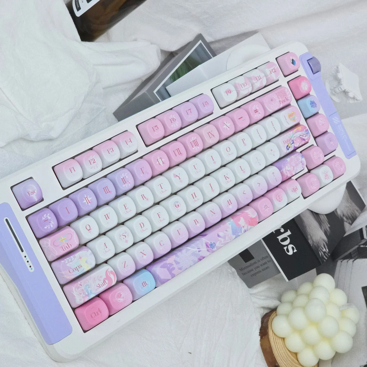 Gallery view of unique Honkai Star Rail gaming keycaps, displaying dye-sublimated misty landscape and tranquil ripple designs on PBT.