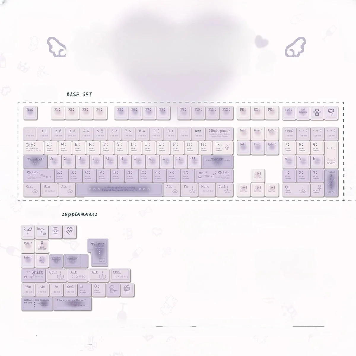 Twilight theme PBT keyboard caps with gradient purples, detailed views of five-sided dye-sublimation artistry.