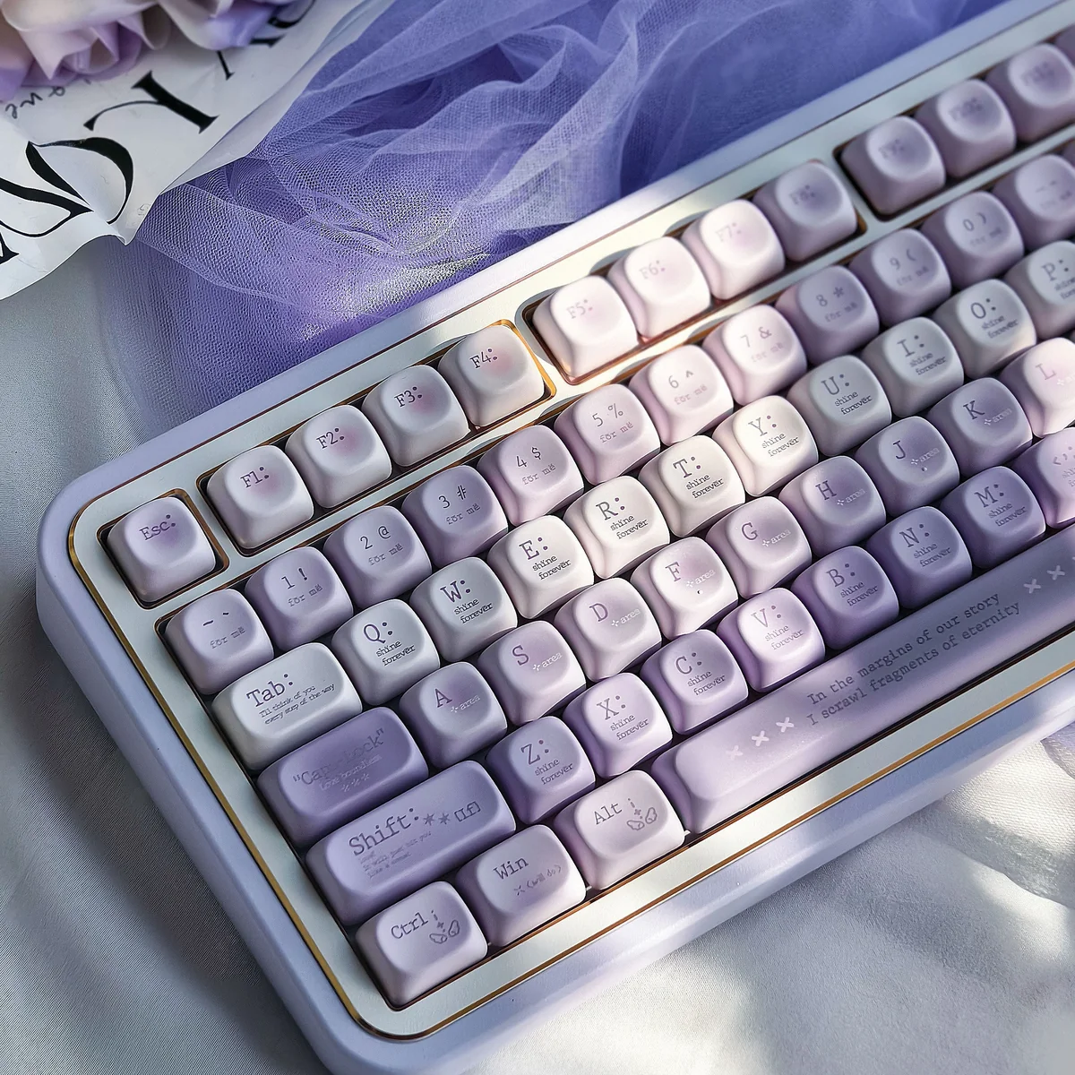 Novelty PBT keycaps featuring dreamy purple gradients, full five-sided dye-sublimation for a captivating custom look.