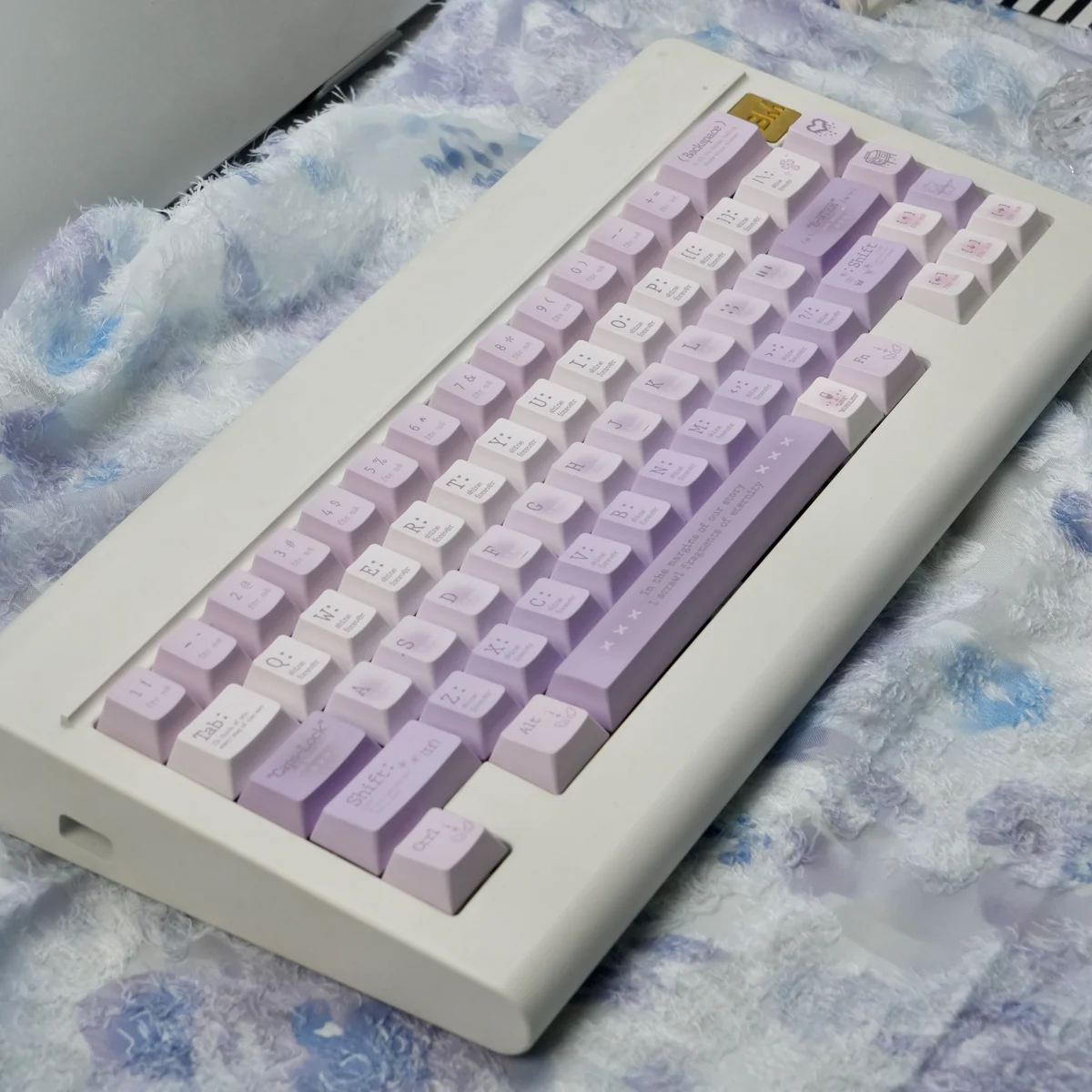 Durable PBT keyboard caps with ethereal purple hues, emphasizing the full five-sided dye-sublimation for lasting beauty.