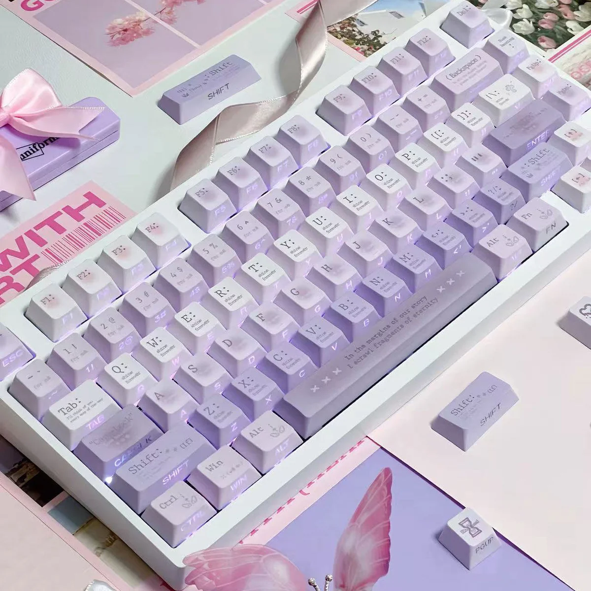 Full set of dye-sublimation keyboard caps in ethereal purple, showcasing premium PBT and artistic twilight design.