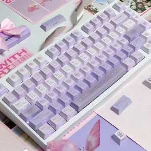 Custom PBT keyboard caps in dreamy twilight purple, showcasing five-sided dye-sublimation for a vibrant aesthetic.