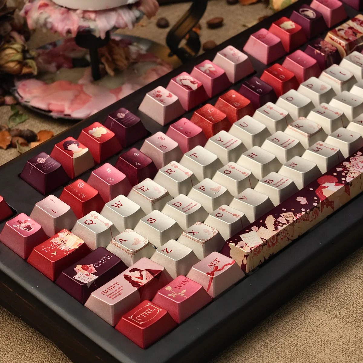 Full set of Romeo & Juliet PBT dye-sublimated mechanical keyboard caps from multiple perspectives, highlighting durable quality.