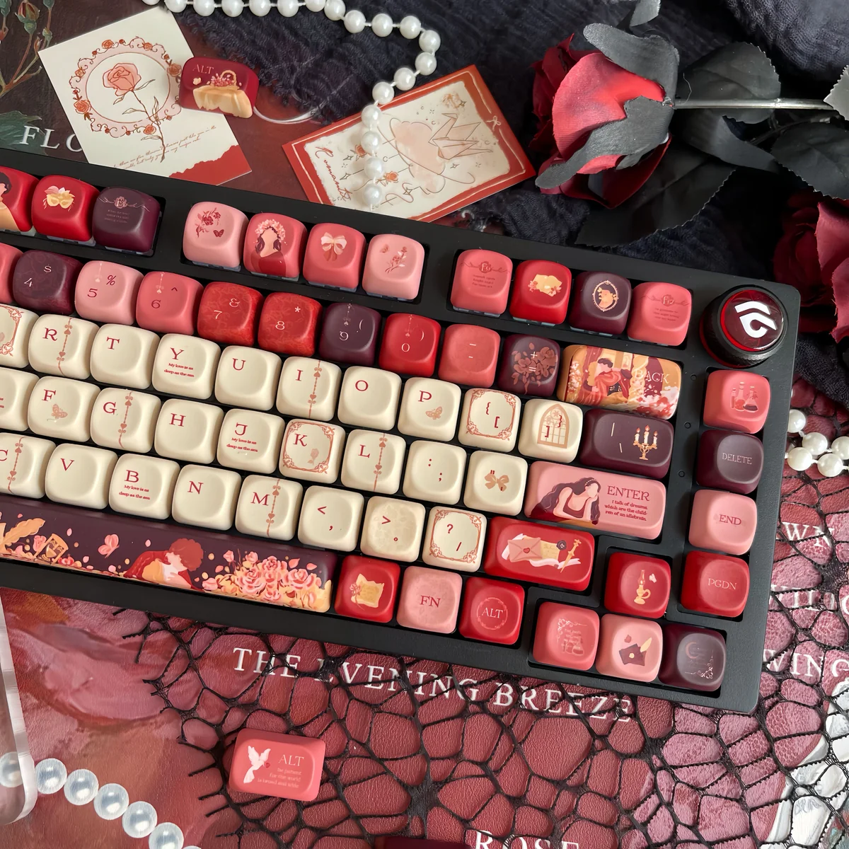 Detailed shot of Romeo & Juliet love story keyboard caps, emphasizing crisp dye-sublimated celestial art on PBT plastic.