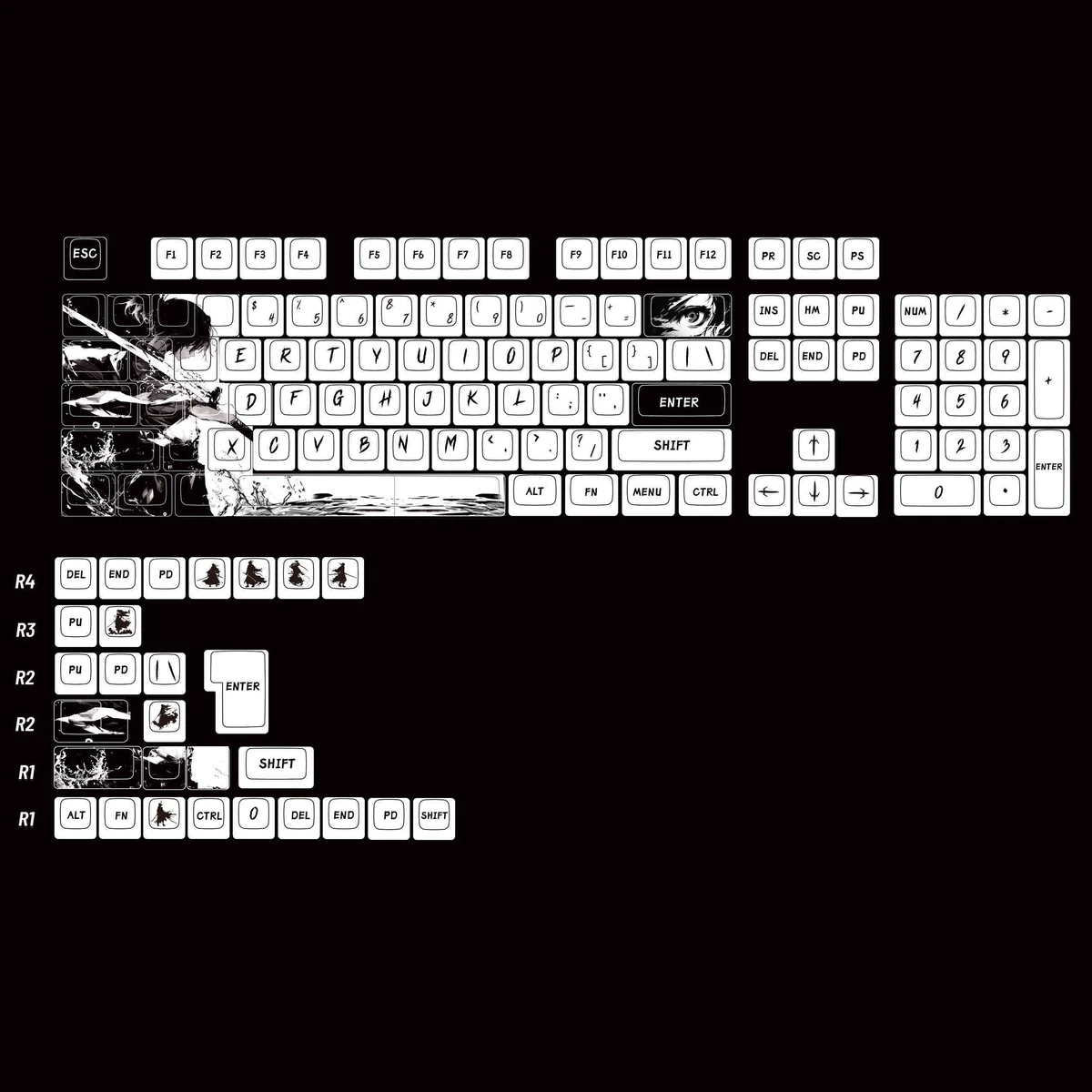 Detailed Ronin Samurai PBT dye-sub keycaps set gallery, highlighting the durable, fade-proof art from multiple angles. Experience the ancient Japanese warrior.