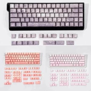 Artistic Rose Coast Luminous Side-Engraved PBT Keycap Set, showcasing soft pink, orange, grey coastal gradients and ambient backlighting.