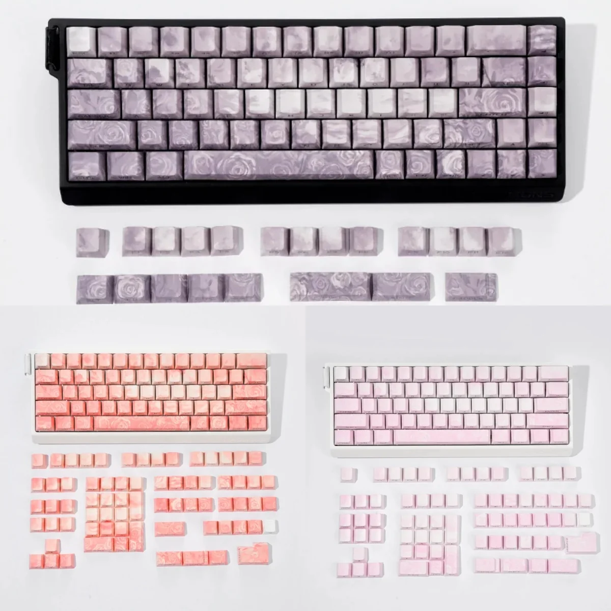 Artistic Rose Coast Luminous Side-Engraved PBT Keycap Set, showcasing soft pink, orange, grey coastal gradients and ambient backlighting.