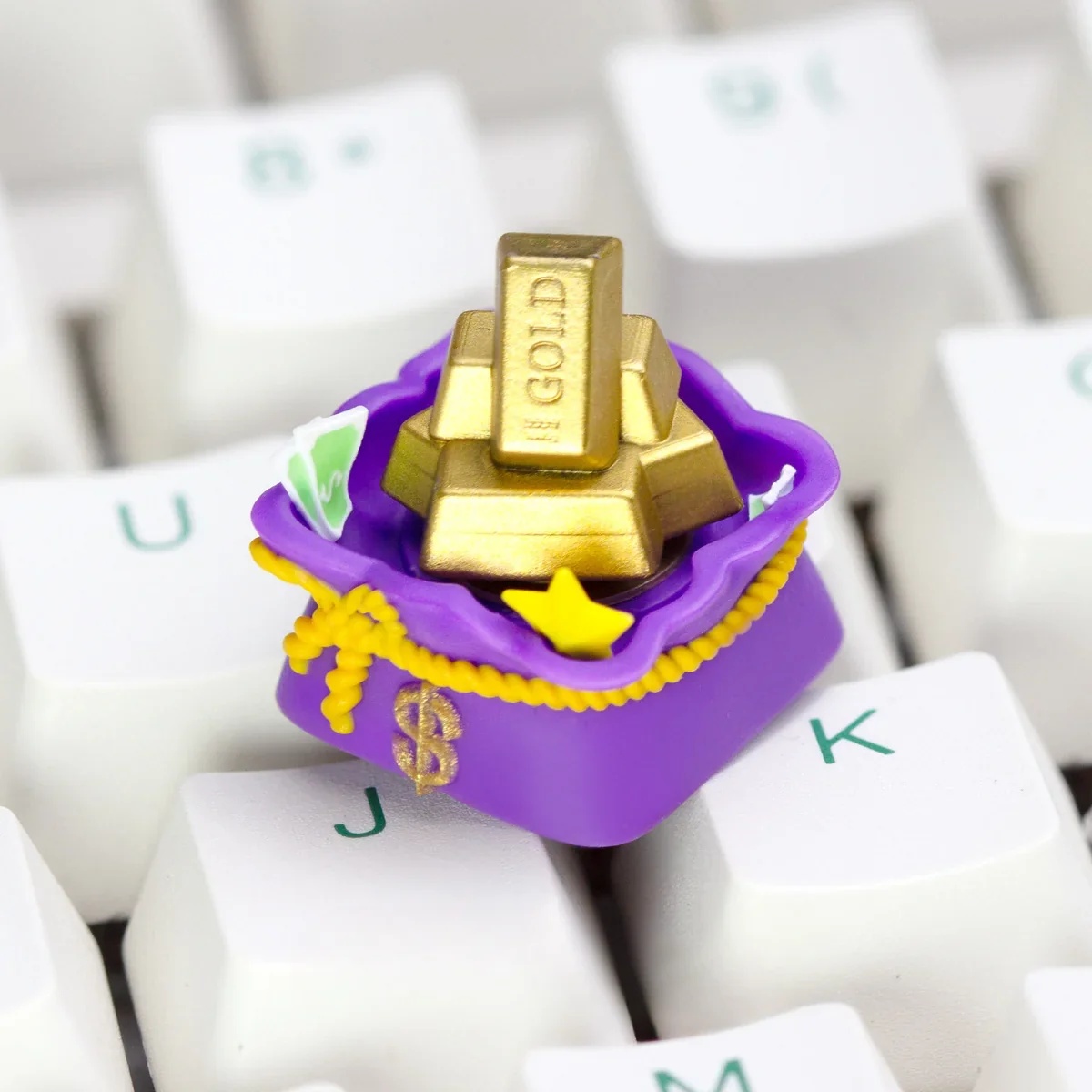 Handcrafted resin Fortune Spinner rotating ESC keycap from diverse artistic angles. Vibrant colors highlight its dynamic spinning, symbolizing prosperity.