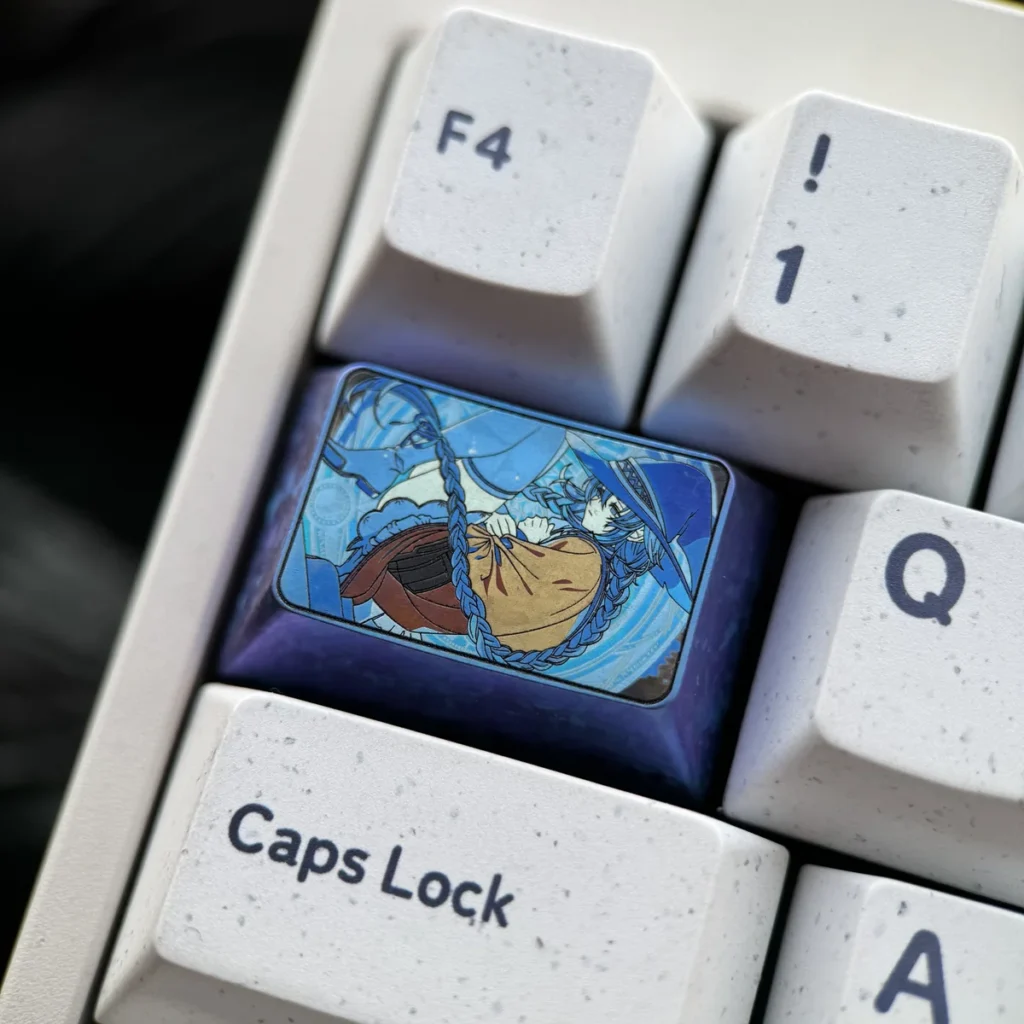 Multiple views of the sculpted Mushoku Tensei Roxy Migurdia keyboard cap, showcasing intricate metallic design.