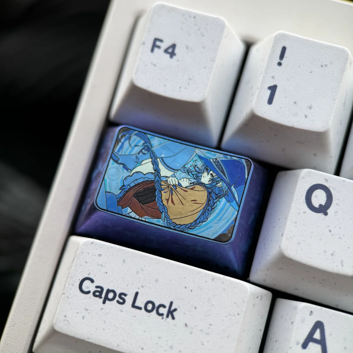 Multiple views of the sculpted Mushoku Tensei Roxy Migurdia keyboard cap, showcasing intricate metallic design.