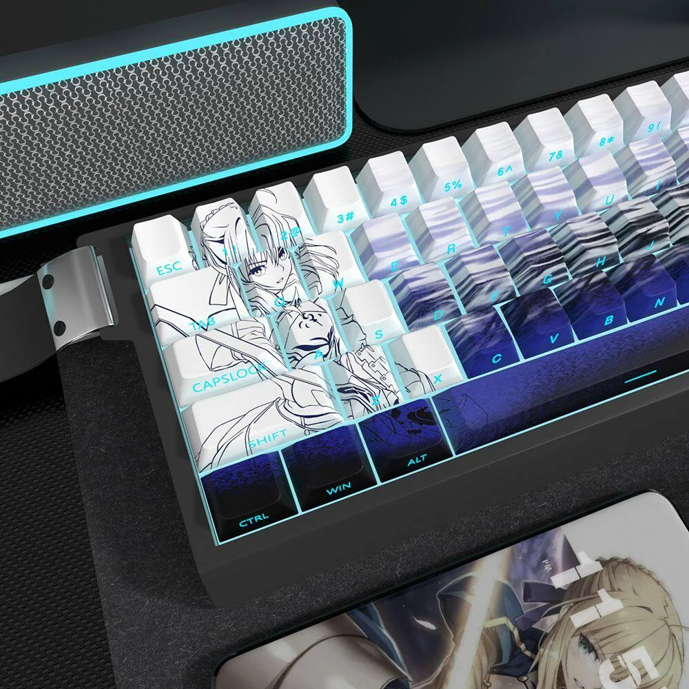 Angled view of Saber PBT keycaps set, revealing crisp side-print shine-through legends and a premium, minimalist aesthetic.