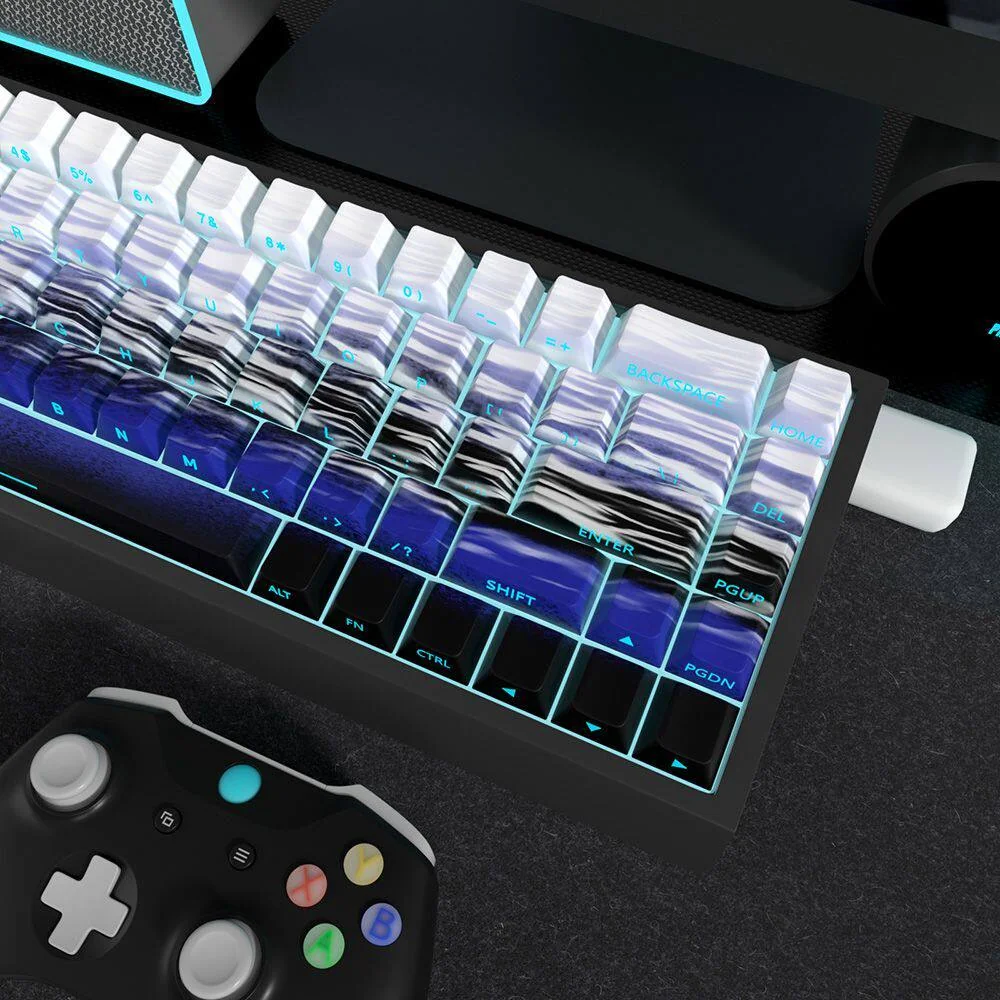 A detailed view of Saber keycaps set, emphasizing the elegant side-printed shine-through PBT legends under dynamic RGB backlighting.