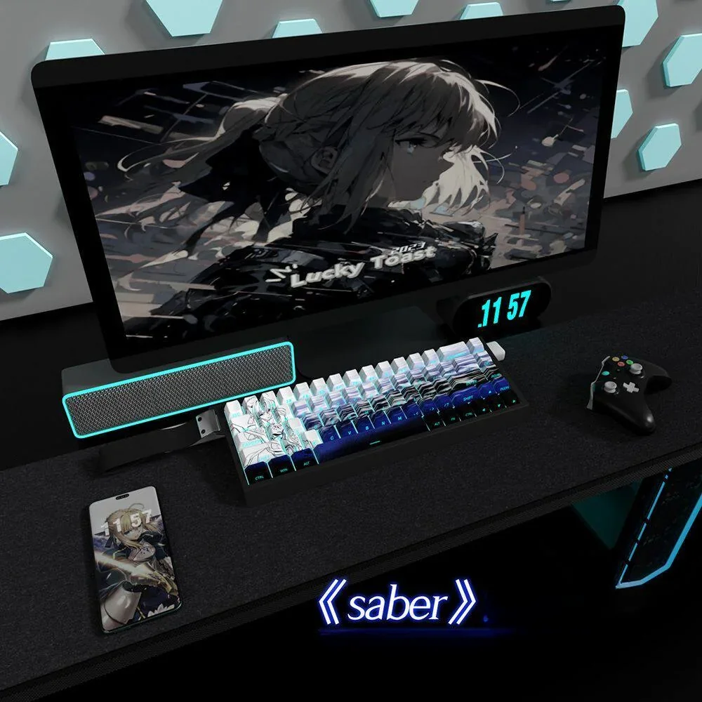 A detailed close-up of Saber keycaps set, emphasizing the minimalist side-print shine-through PBT legends glowing with vibrant RGB.