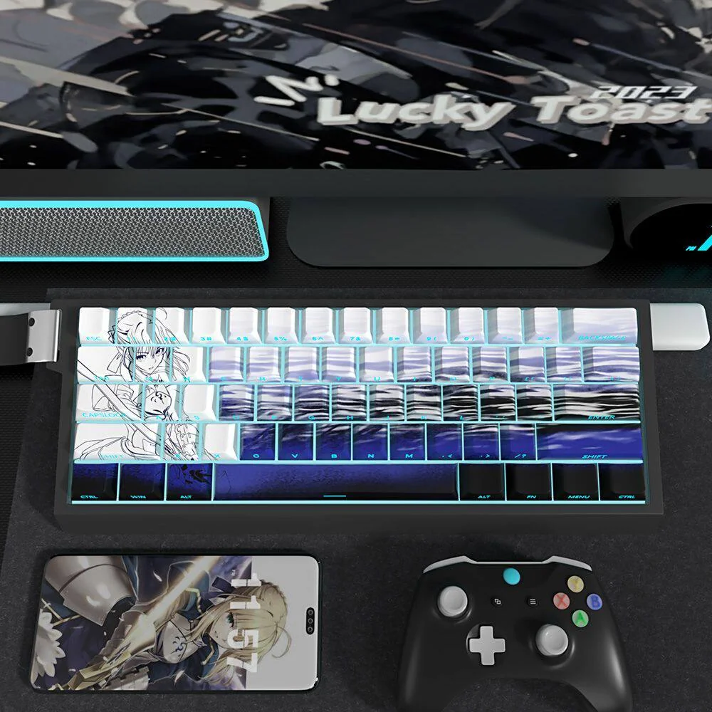 Premium Saber keycaps set featuring unique side-printed shine-through PBT legends, brilliantly illuminated by vibrant RGB lighting for a sleek, classic aesthetics.