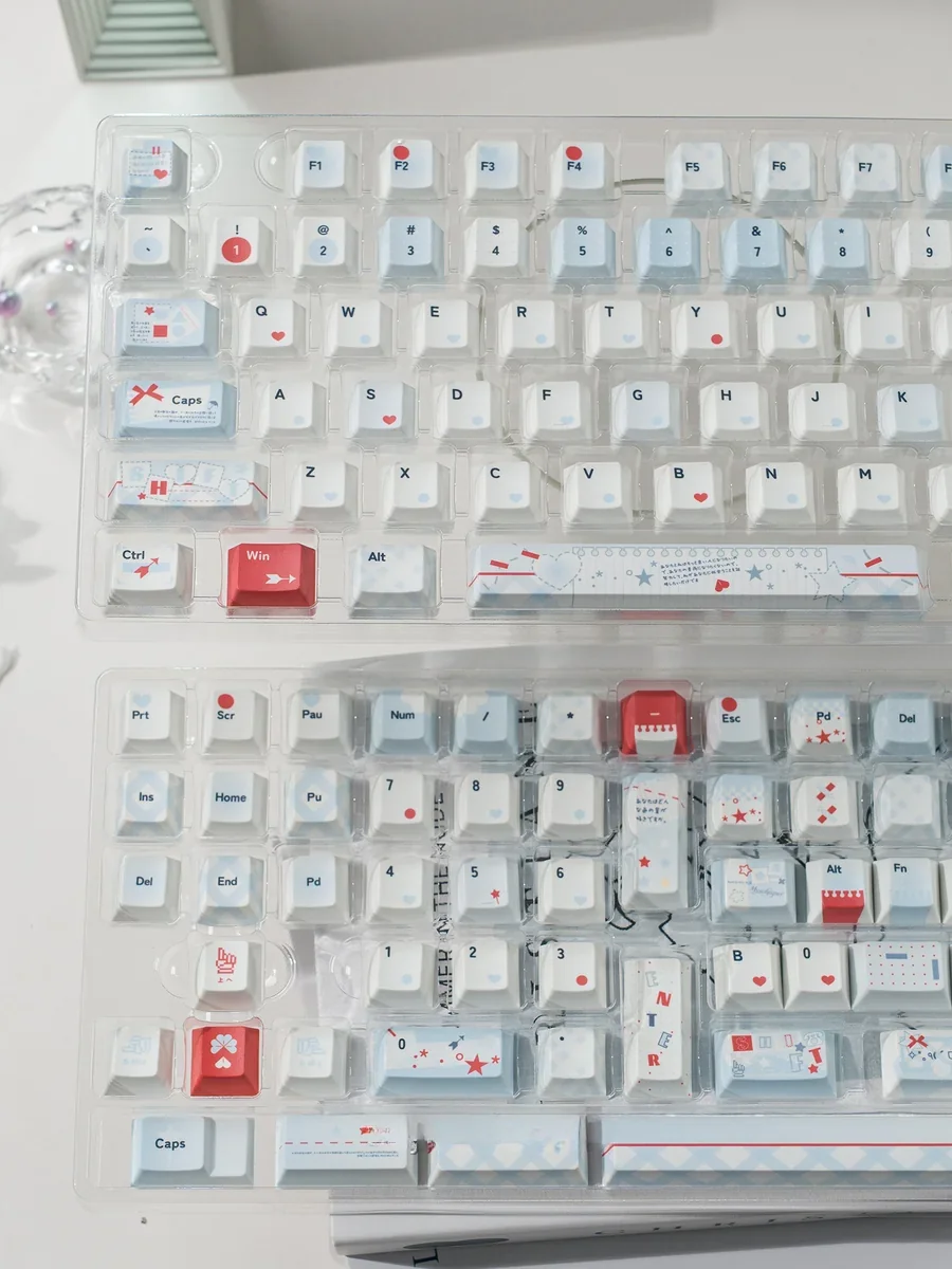 Premium PBT keyboard caps in serene light blue, designed for comfortable, ergonomic typing and a sophisticated desk appearance.