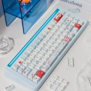 Light blue PBT keycaps set enhancing a custom mechanical keyboard, showcasing a clean and modern desktop aesthetic.