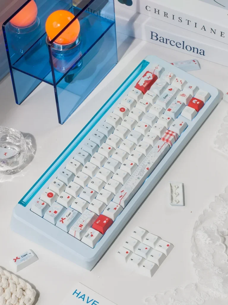 Light blue PBT keycaps set enhancing a custom mechanical keyboard, showcasing a clean and modern desktop aesthetic.