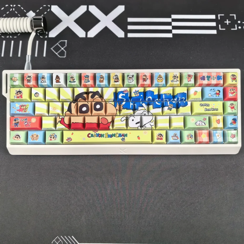 Vibrant Shin-chan Side-Print Backlit PBT Keycaps Set feature iconic cartoon characters glowing with playful charm, perfect for a unique keyboard aesthetic.