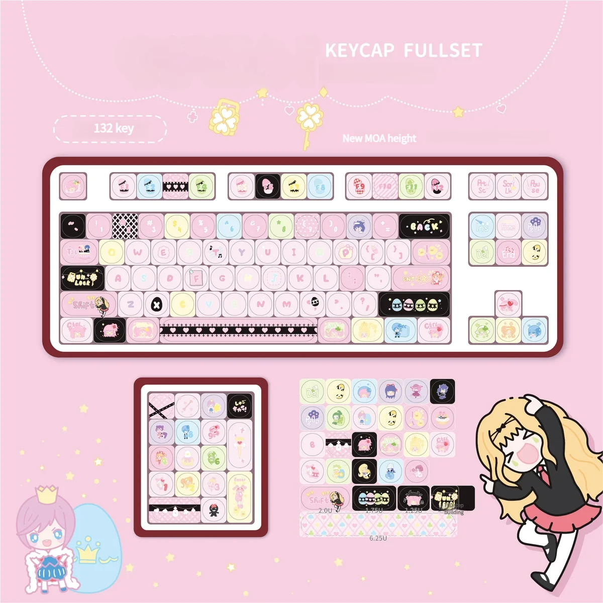 Vibrant Shugo Chara Magical MOA PBT keycaps set displayed from multiple angles, highlighting their exclusive anime characters and charming designs.