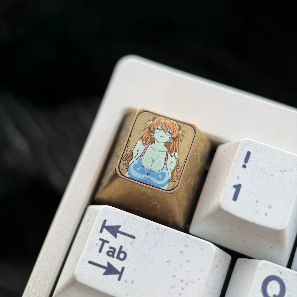 Gallery of premium Asuka Titanium ESC Keycaps, showcasing vibrant anime art and iconic poses from multiple detailed angles.