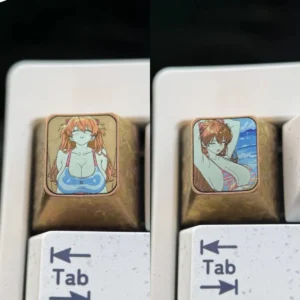 Vibrant Asuka Titanium Keycap showcasing detailed anime art of Asuka in an iconic pose, crafted from premium lustrous titanium.