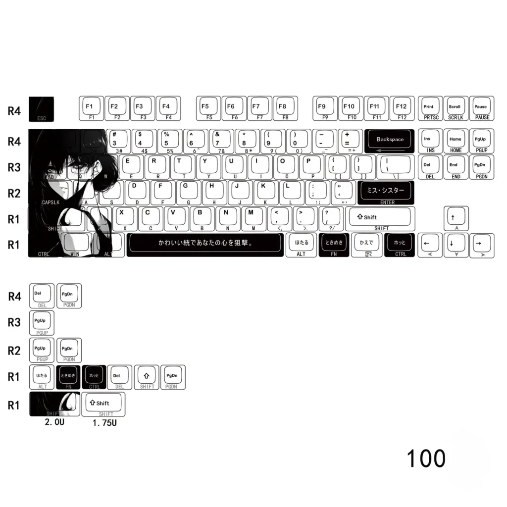 Artistic Original Character Aoki Side-Lit PBT Keycaps Set. Serene character designs, clean side-legends, and vibrant backlight compatibility from multiple angles.